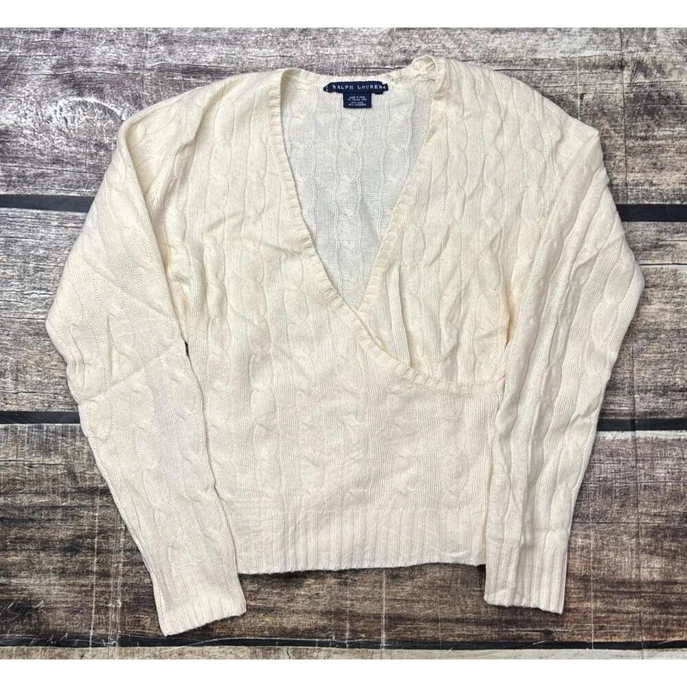 Ralph Lauren Cream Cable Knit V-Neck Wrap Sweater